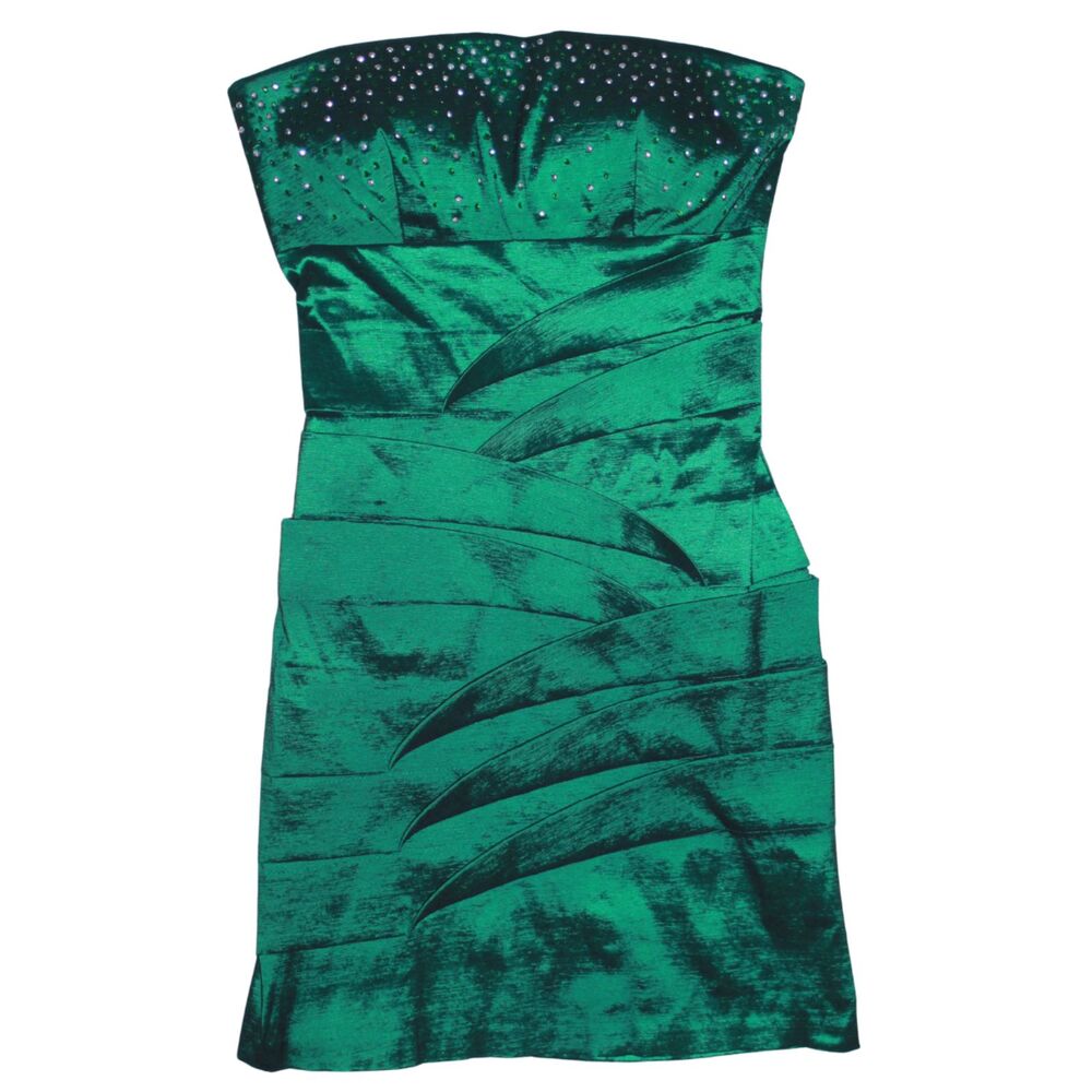 Y2K Emerald Green Rhinestone Strapless Ruched Cocktail Dress Small